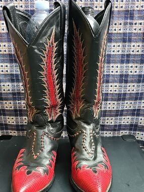 Vintage Tony Lama Black/red Leather Firewalker Cowboy Boots EUC